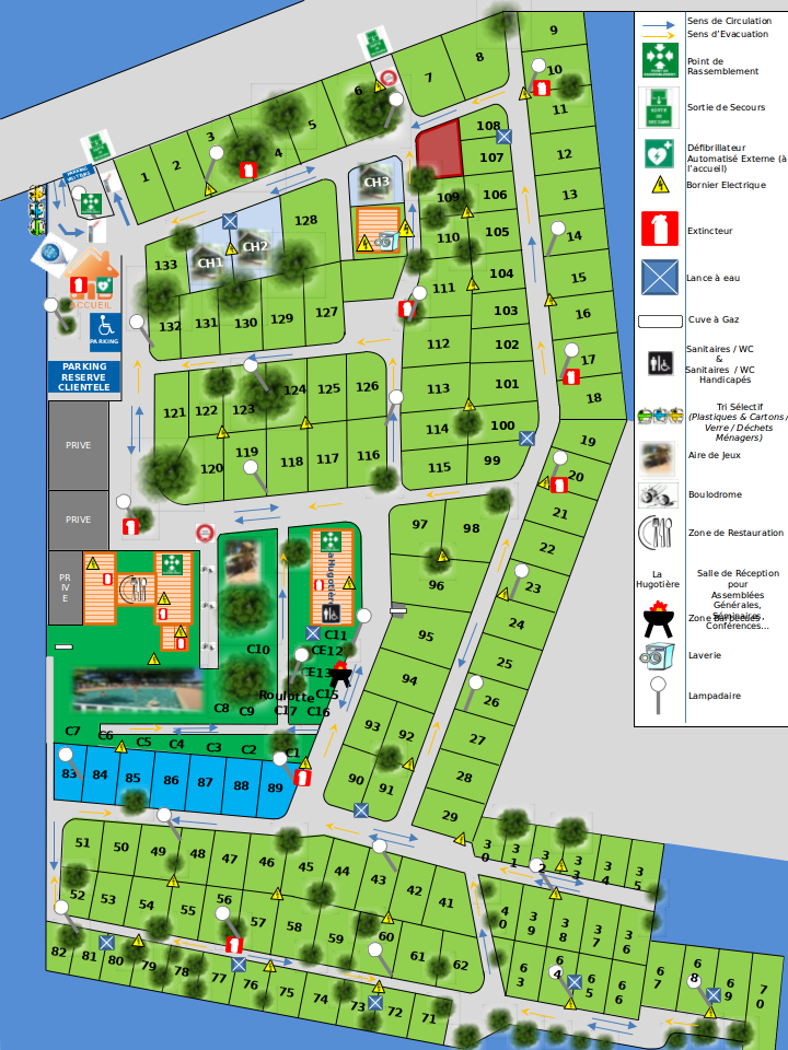 Plan du camping avec numérotation des emplacements